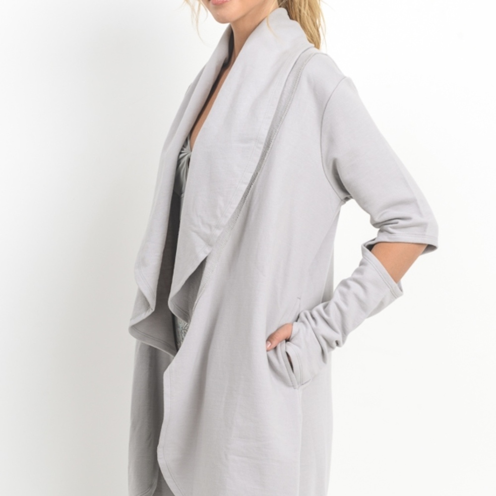 Light Grey Open Front Cardigan With Cutout Sleeve - Picture 5 of 5